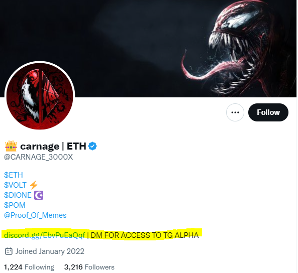 SkyWalker64007's tweet photo. Beware of this scammer: @CARNAGE_3000X is from the @iambroots wanna be's. He get free tokens for his "Alpha channel" while he dumps on his followers 🤡😘
0x04A6b6DE116Fb8bF57e5eE8b05e0293EA3639fE8
0x1e8e1282eac15078904cc13f29365ab5c580fc36
🚨🚨#SCAMERALERT🚨🚨 https://t.co/6sPoYJKgaZ