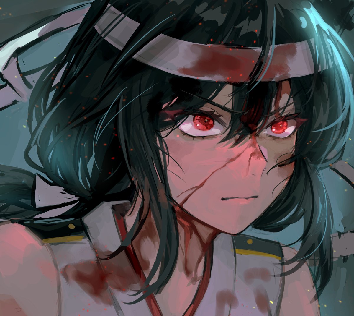 yamashiro (kancolle) 1girl red eyes blood solo black hair headband blood on face  illustration images