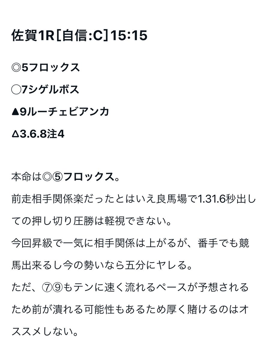 ◎フロックス 🥈
◯シゲルボス 🥇
▲ルーチェビアンカ 🥉
とりあえず佐賀は◎◯▲ビタスタート👍👍