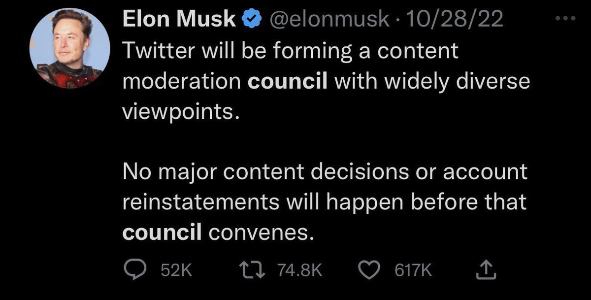 mpaulusse's tweet photo. @hmblank Betrouwbaar type die Musk. Waar was de aangekondigde “moderation council” bij een belangrijke beslissing als deze? https://t.co/L9WXyW5bTp