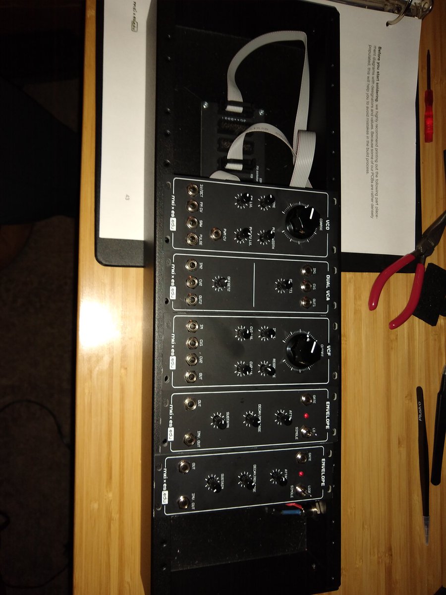 Bangather's tweet photo. Haven't been great at posting updates here, but half way done and no magic smoke so far. #eurorack #diy #synthesizer https://t.co/OuCiJGnmwc