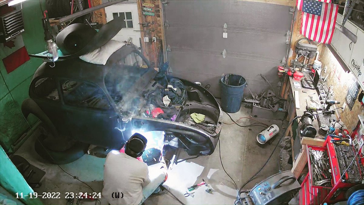 thebugnut's tweet photo. Action shot from the #bugcam in the garage where I am welding in the new fender mount nuts on project #super71 https://t.co/algmFTtBf2