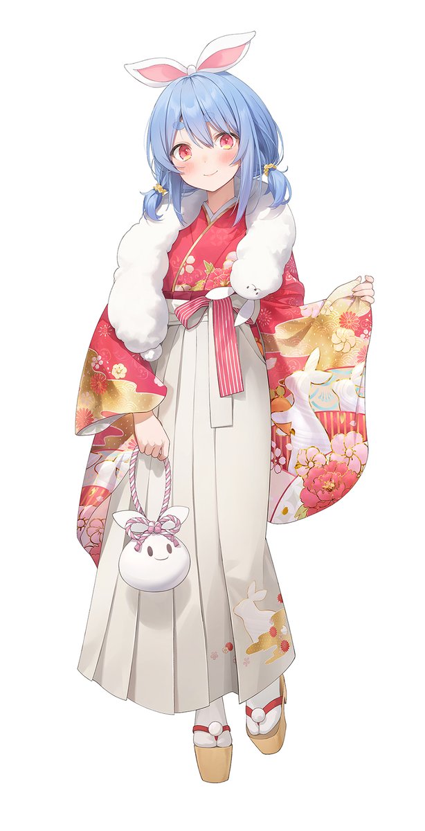 usada pekora 1girl solo japanese clothes blue hair kimono red kimono white background  illustration images