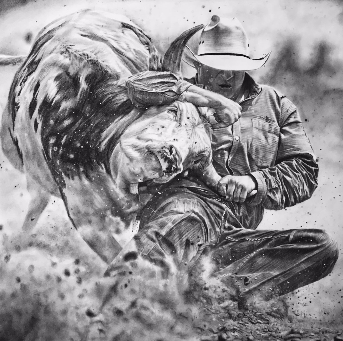 “The Negotiation” is my latest piece. 14x14 completed with charcoal. ORIGINAL AVAILABLE!! #rodeo #cowboy #ranchlife #ArtistOnTwitter #Artist