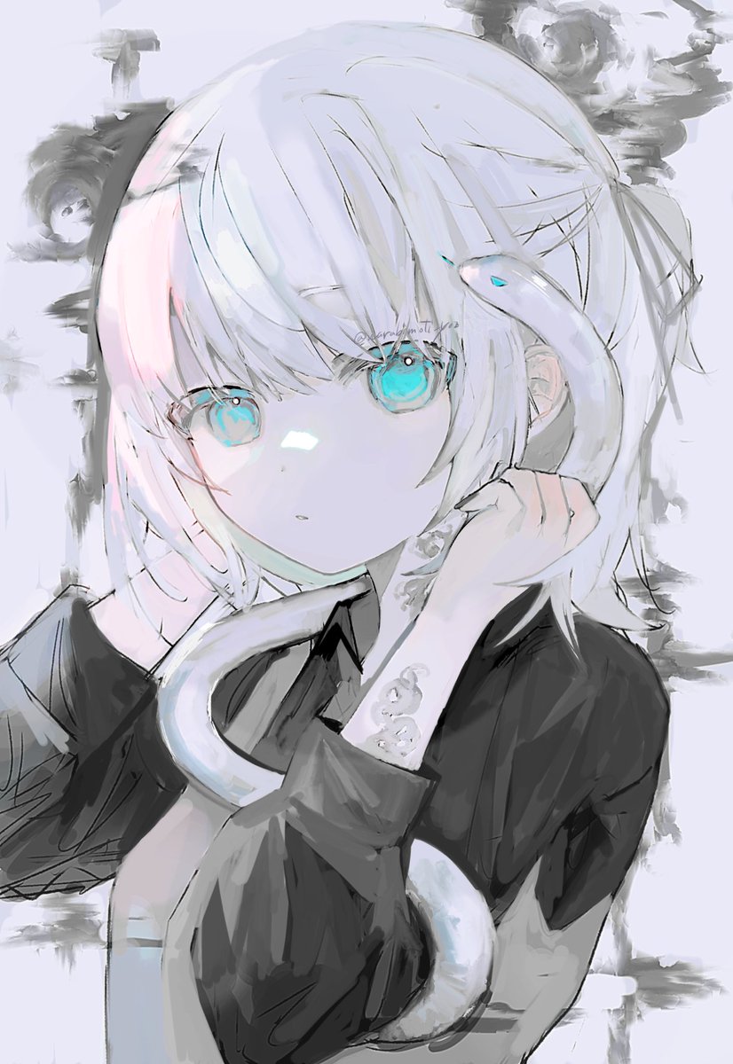 1girl solo snake white hair upper body looking at viewer blue eyes  illustration images