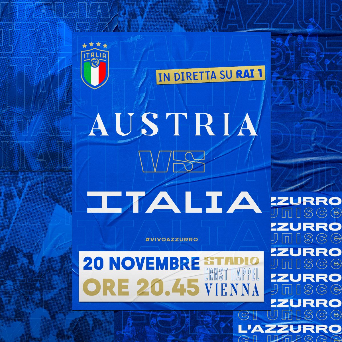 Azzurri's tweet photo. 𝐴𝑚𝑖𝑐ℎ𝑒𝑣𝑜𝑙𝑒

🇦🇹 #Austria 🆚 #Italia 🇮🇹 

⏱️ Oggi, ore 20.45
🏟️ Ernst Happel Stadion - #Vienna 
📺 In diretta su #Rai1 

#AustriaItalia #Azzurri
#Nazionale #VivoAzzurro https://t.co/crEFC0M4Wq