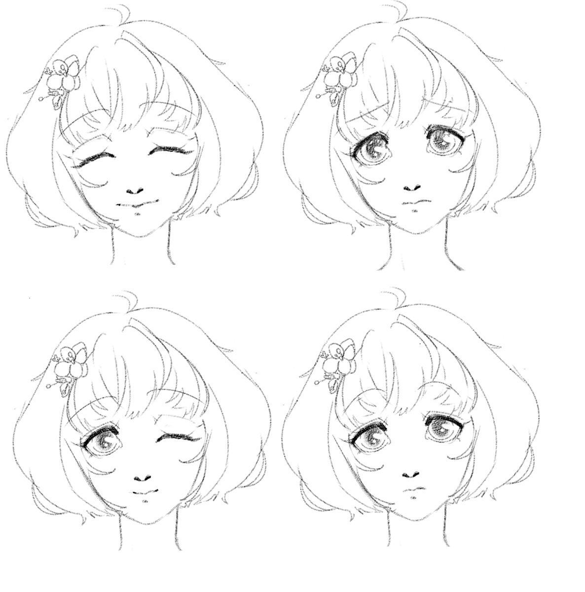 Some more #conceptart for Hana's expressions!
Ecstatic, Winking, Worried and Bored! 🌸 

#art #sketch #indiedev #gamedev #indiegames #solodev #visualnovel #vn #cute #animegirl #anime #expressions