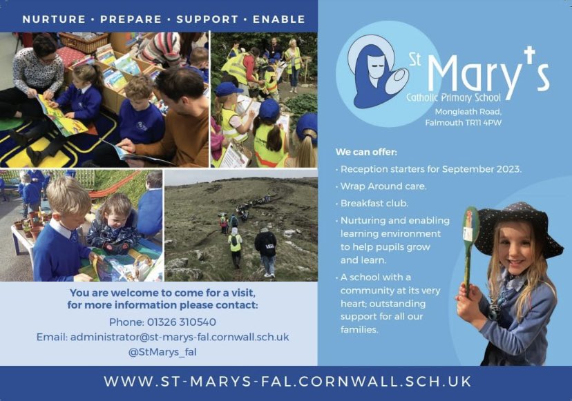 Are you looking for a great little school for September 23? Come along and see us <a href="/StMarys_Fal/">St Mary’s Falmouth</a>  <a href="/PlymouthCAST/">Plymouth CAST</a>