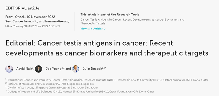 Julie_Decock's tweet photo. Interested to learn more about the clinical significance of cancer testis antigens as #cancerbiomarkers and #therapeutictargets? You should check out our published research topic @FrontOncology.

https://t.co/7uaLvLXNtk

@FrontiersIn , @QBRI12 , @HBKU , @QF , @CHLS_HBKU https://t.co/B4pYklcUnh