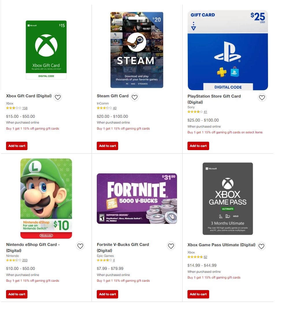 Wario64 on X: Buy 1 Get 1 15% off gaming gift cards at Target