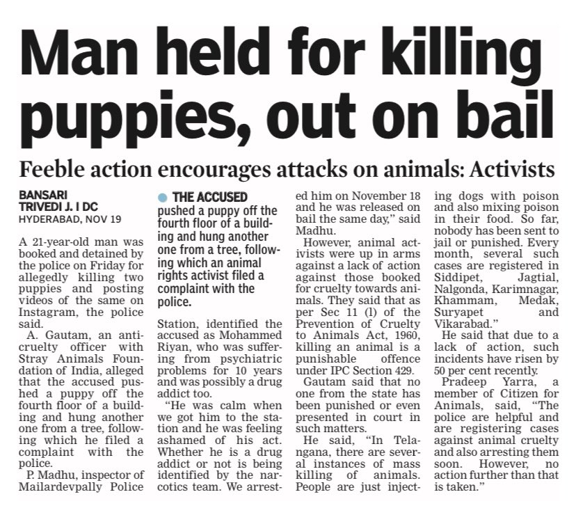 bansaritrvd's tweet photo. And the #abuse against #animals continues in #Telangana . A 21 year-old pushes off a puppy from 4th floor and kills another puppy by hanging him from a tree. He gets arrested and is also released on bail. #AnimalAbuse @DeccanChronicle @oratorgreat https://t.co/els5AeeUnJ