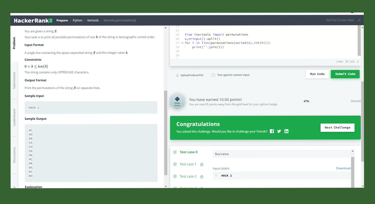 SujiMarium's tweet photo. Day 44 ✅
#100DaysOfCode 
#Python 
#hackerrank
#itertools https://t.co/RJQYucaBOR
