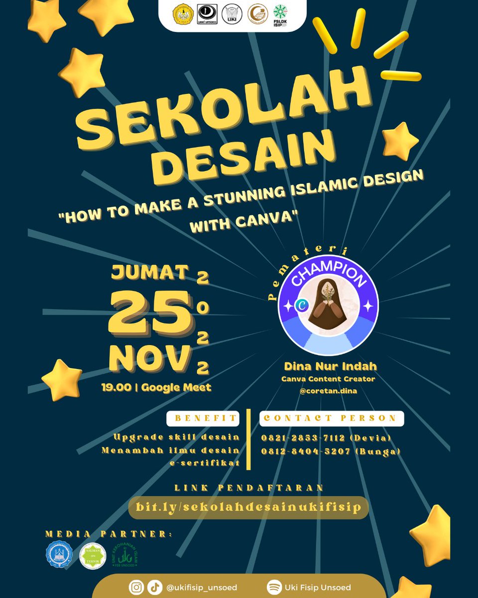 ukifebunsoed's tweet photo. Assalamu'alaikum, Sobat UKI! 
Gimana sih cara buat desain yang eyecatching?🤔

Bidang Humed UKI FISIP Unsoed akan kembali menyelenggarakan Sekolah Desain dengan tema "How to Make a Stunning Islamic Design with Canva." https://t.co/HLEQ7y9hyI