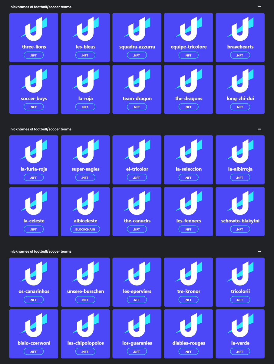 nomdeplume_nft's tweet photo. for the ultimate ntf-collecting soccer-fans: 
unstoppable crypto-domains with the nicknames of the national teams
-> https://t.co/Cm6ZGaA4RX
#nft #unstoppabledomains #soccer #fifaworldcup #fifa2022 #worldcup2022 #Qatar2022 #Web3 #udfam https://t.co/rXZIKmgygt