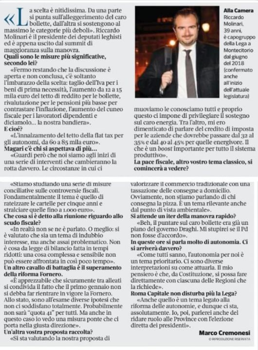 LegaCamera's tweet photo. ++ INTERVISTA A RICCARDO #MOLINARI, CAPOGRUPPO #LEGACAMERA, SUL CORRIERE DELLA SERA ++

“Una manovra con due priorità chiare: contrastare l’aumento dei #costi dell’#energia e intervenire a sostegno delle fasce più deboli”. 

Riccardo Molinari https://t.co/3cgYMFt7oT