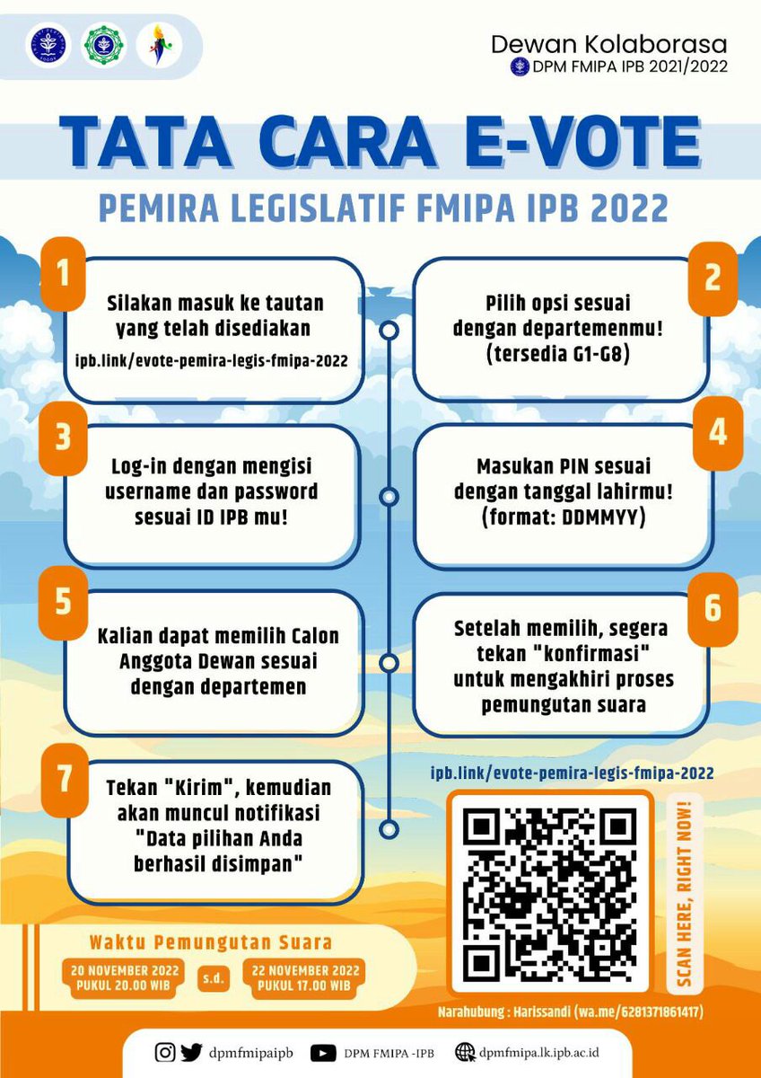 dpmfmipaipb's tweet photo. [PEMILIHAN CALON ANGGOTA DPM FMIPA IPB 2022]

Halo KM FMIPA.
Hari ini kita mengadakan Pemilihan Calon Anggota DPM FMIPA IPB 2022.
Hayuuk kita gunakan hak suara kita untuk memilih Calon Anggota DPM FMIPA IPB. https://t.co/YXazfQgOxB