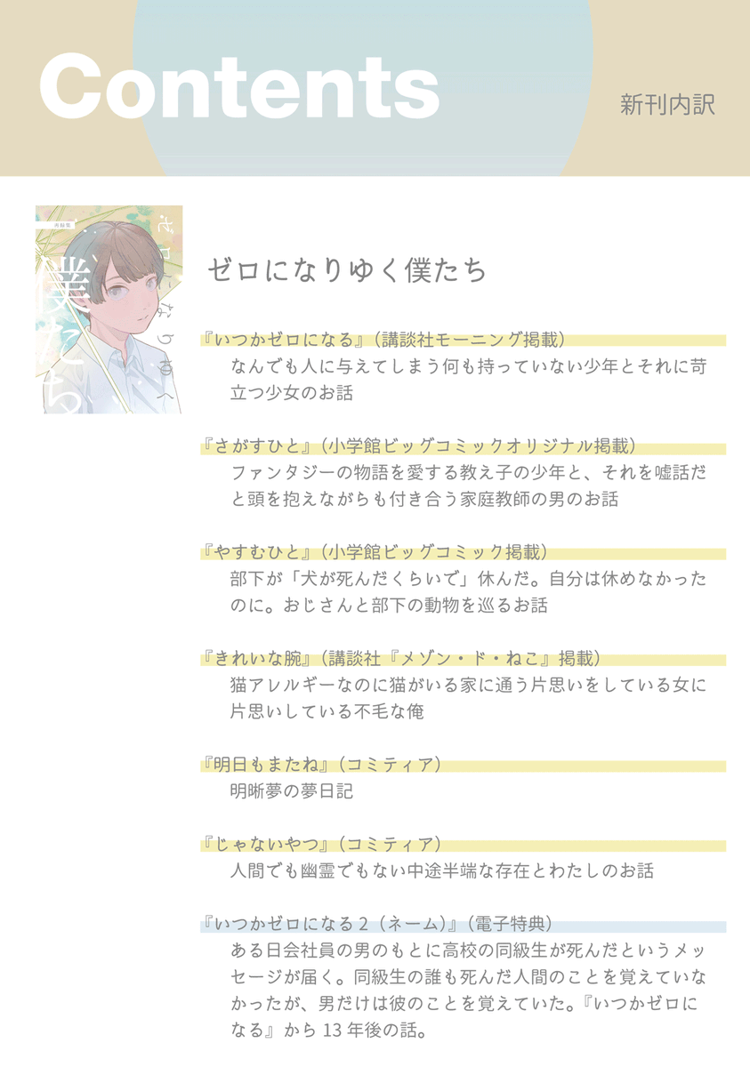 【同人誌のおしらせ(紙&電子)】

講談社・小学館で描いた読み切り等を再録した再録集(11/27 コミティア142新刊)です。
紙の本と電子(PDF)
電子のみ特典付き。

★試し読み(1話だけ全て読めます)
https://t.co/XlC6mI4KkE

★紙
https://t.co/5xo0TfXZnM

★電子
https://t.co/JU6fxzzdqM 