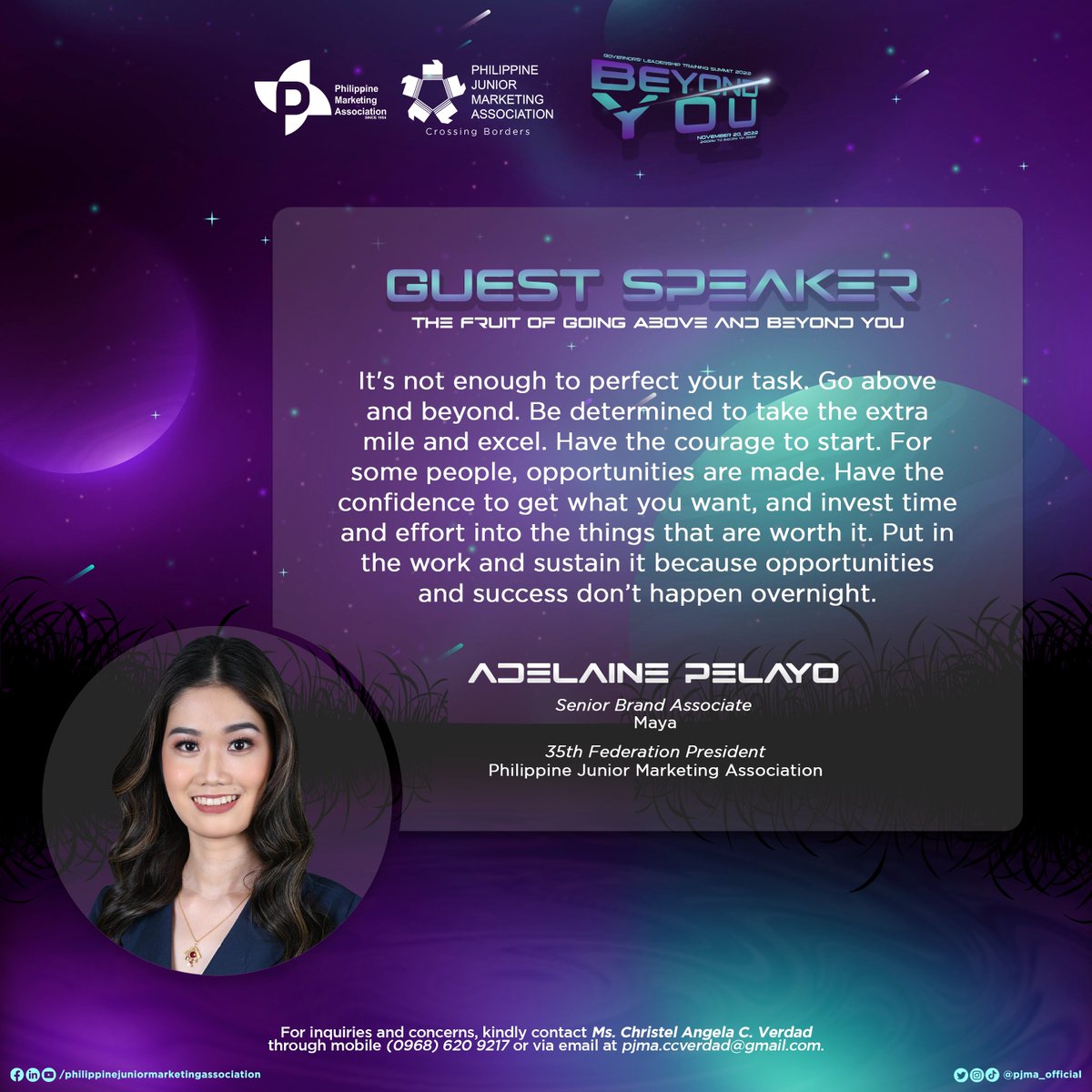 pjma_official's tweet photo. Maximize opportunities to achieve greatness as Ms. Adelaine Pelayo takes on the virtual stage! Tune in as she walks us through how going above and #BeyondYOU empowers beyond measure. 

#GOLTS2022
#PJMA36 https://t.co/WMT0JUszzf