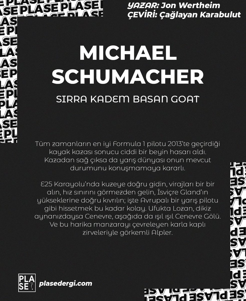 #YeniYazı

Jon Wertheim tarafından yazılan ve si.com sitesinde yayımlanan "Michael Schumacher: Sırra Kadem Basan Goat" başlıklı yazıyı sizler için çevirdik. Keyifli okumalar!

✍️<a href="/cag_karabulut/">Çağlayan Karabulut</a>

📕Tamamı İçin:bit.ly/3TLKbvK