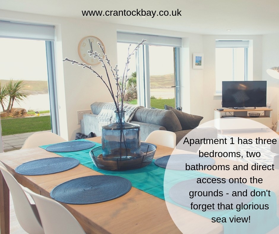 Apartment 1 is a stunning apartment with patio doors out onto the gardens from the kitchen/living area and all three bedrooms. It is also dog friendly :)