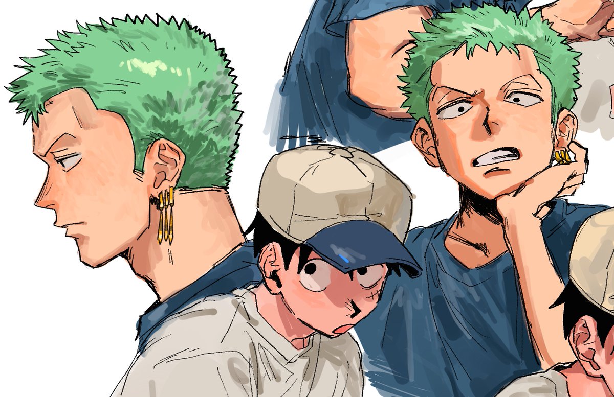 roronoa zoro male focus green hair hat jewelry earrings multiple boys black hair  illustration images