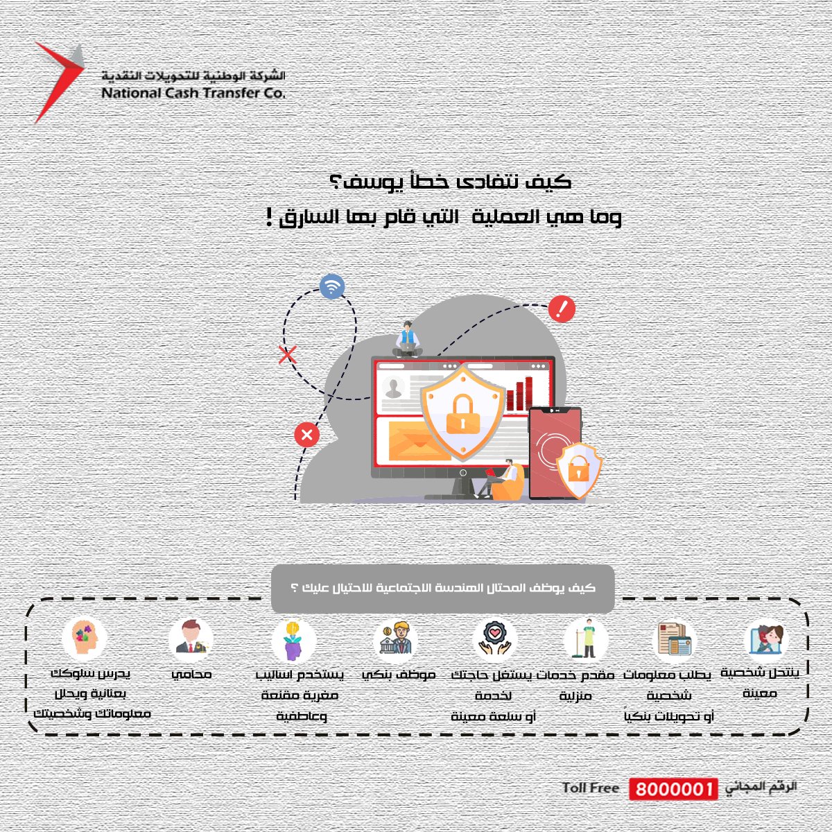 NationalCashTra's tweet photo. كيف نتفادى خطأ يوسف ؟
وما هي العملية التي قام بها السارق ؟
العملية هي الهندسة الاجتماعية SOCIAL ENGINEERING وهي من الطرق التي استخدمها المحتال للاحتيال على يوسف ..
#الأسبوع_العالمي_للتوعية_ضد_الاحتيال
#FraudAwareness
#fraudawarenessweek
#fraudweek
#fraud_week https://t.co/iT2fQIvO6F