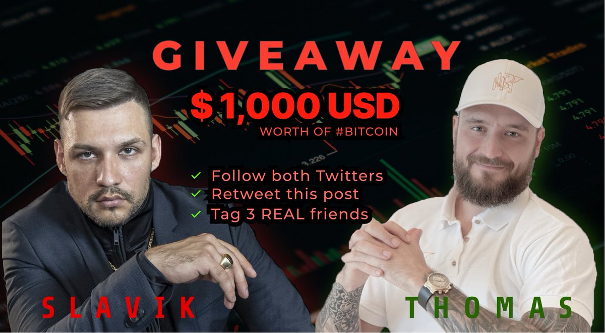 Crypto Bratan (@cryptobratan1) on Twitter photo Me and Thomas are giving away $1,000 USD worth of #Bitcoin to 1 follower on November 26💰
To participate you need👇
1️⃣ Follow our twitters
<a href="/slavikcrypto/">Crypto Bratan</a> & <a href="/TKralow/">Thomas Kralow</a>
2️⃣ Retweet this tweet
3️⃣ Tag 3 real friends in the comments (don't tag celebrities)
#Giveaway #airdrop #crypto Me and Thomas are giving away $1,000 USD worth of #Bitcoin to 1 follower on November 26💰
To participate you need👇
1️⃣ Follow our twitters
<a href="/slavikcrypto/">Crypto Bratan</a> & <a href="/TKralow/">Thomas Kralow</a>
2️⃣ Retweet this tweet
3️⃣ Tag 3 real friends in the comments (don't tag celebrities)
#Giveaway #airdrop #crypto