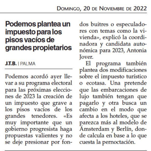 Podemos es el único partido que hace propuestas valientes y apuestas desde la Izquierda 💜, para aliviar la sangría de la emergencia 🚨 habitacional. Esa que -TOD@S- padecemos en Balears, “gracias” a unos pocos que acumulan sin importarles dónde se lucran 🤑. #VOTAREM28Maig23💜💪