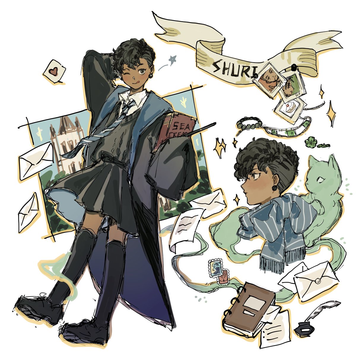 hogwarts school uniform dark skin school uniform wand black hair holding wand one eye closed  illustration images