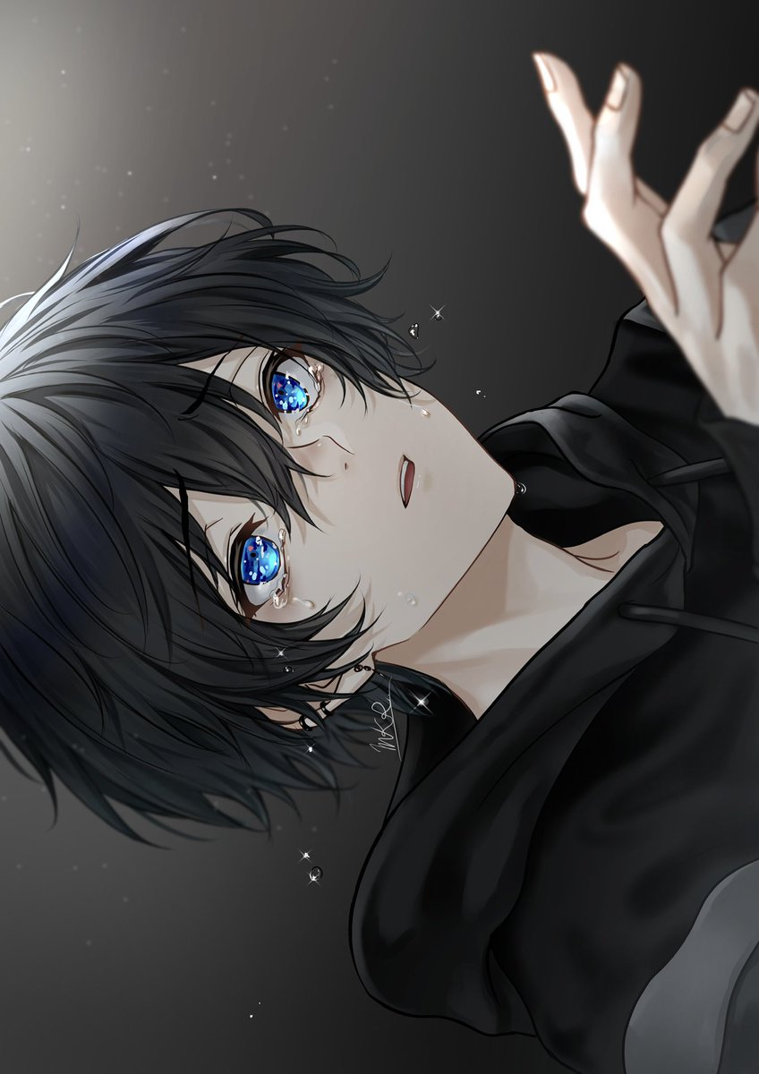 1boy male focus blue eyes hood black hair hoodie tears  illustration images