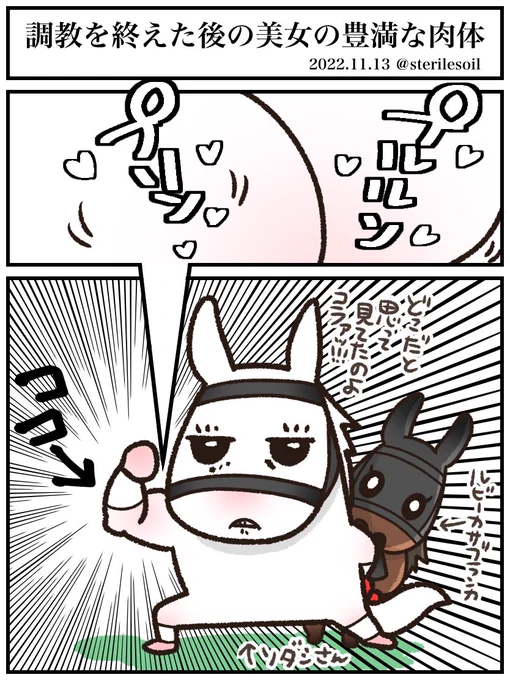 本日出走のルビーカサブランカさんと追い切り調教をしていたソダシさんのイラストです。
「世の中オッパイイラストが多いなぁ」と思って描きました。
たいした意味もオチもない2コマオチです。 
