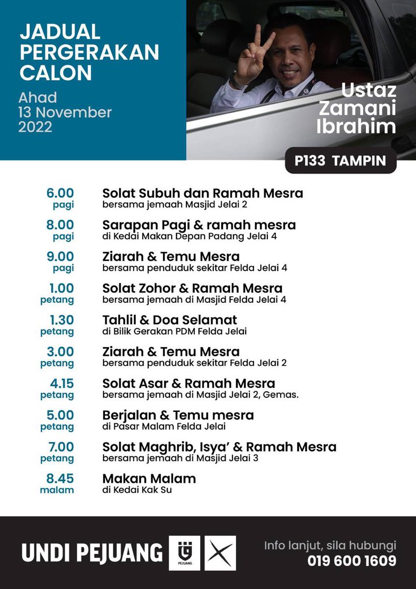 ZamaniIbrahimMy's tweet photo. Jadual saya pada hari ini. Jumpa saya di sana utk ketahui lbh lanjut apa yg ingin saya tawarkan buat orang Tampin.
#MalaysiaMemilih
#P133 https://t.co/f91Uv5jwB7