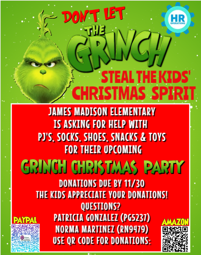 HR Operations (@hroperations21) on Twitter photo James Madison Elementary is looking to make a memorable Christmas for their students. A #Grinchmas themed party: they would like for kids to dress up in pajamas, play games & open presents. Please consider helping. Use QR to make a donation or the QR for Amazon Wish list. <a href="/4jbar/">Jamie Barton</a> James Madison Elementary is looking to make a memorable Christmas for their students. A #Grinchmas themed party: they would like for kids to dress up in pajamas, play games & open presents. Please consider helping. Use QR to make a donation or the QR for Amazon Wish list. <a href="/4jbar/">Jamie Barton</a>