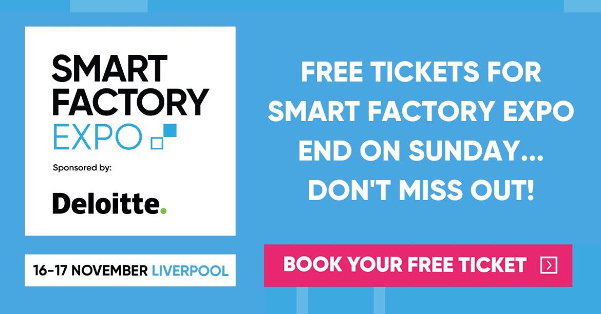 Free tickets to #SmartFactoryExpo end today. Manufacturers only. After today (including onsite) they are £45+VAT. If you’re planning to attend and haven’t yet booked your ticket, make sure you do so today. rfg.circdata.com/publish/DMW22_… Part of #DigiMfgWk #UKmfg #innovation #technology