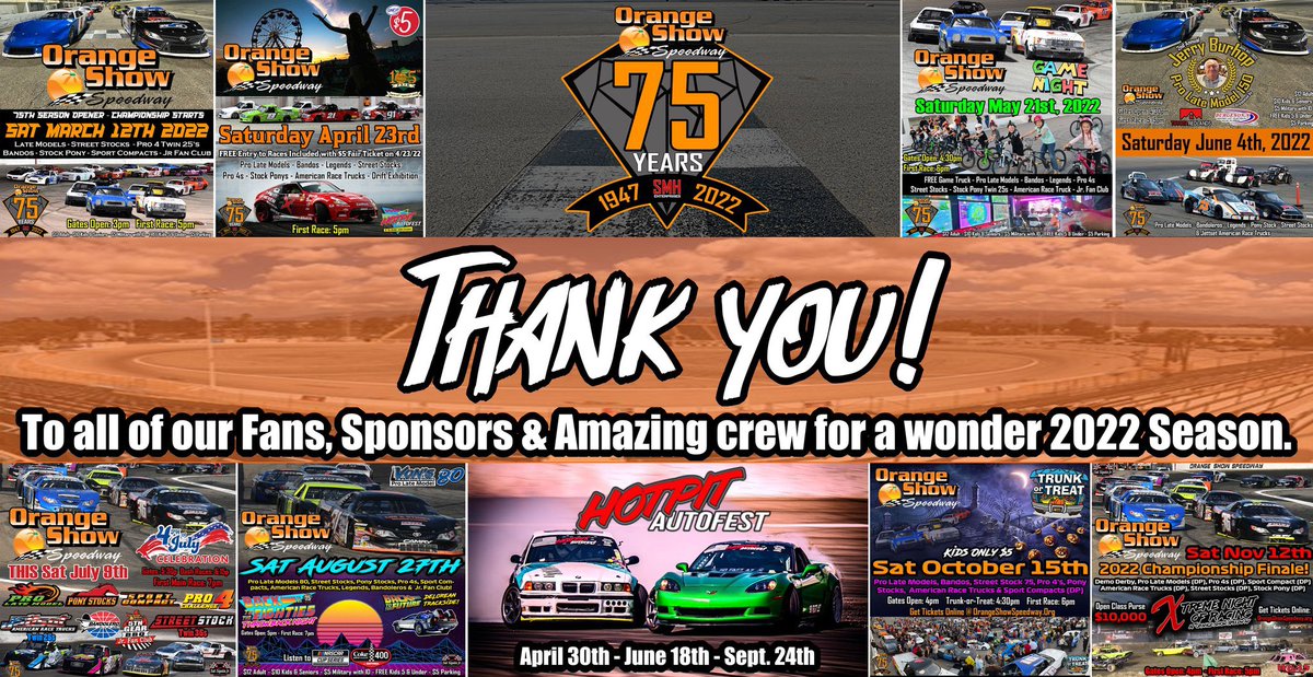 OrangeShowSW's tweet photo. Thank you to all of our fans, sponsors, & amazing track crew for an amazing 2022 season!
See you in 2023!
#OrangeShowSpeedway https://t.co/WnJ5JbXIyr