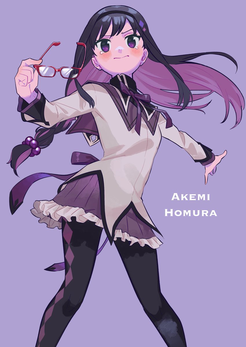 akemi homura 1girl solo long hair holding glasses holding eyewear pantyhose  illustration images