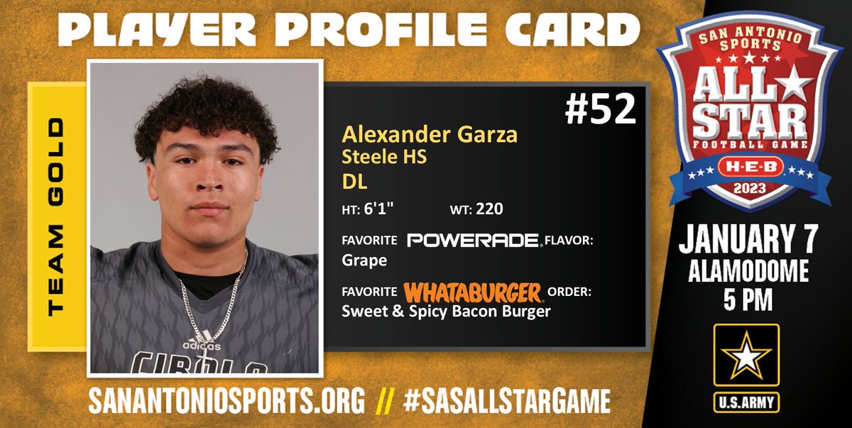 SA_Sports's tweet photo. Meet @Alex_Garza52 from @Football_Steele who will compete in the San Antonio Sports All-Star Football Game pres. by @HEB at the Alamodome on Jan. 7 @ArmySanAntonio #SASAllStarGame @USArmy #WhatsYourWarrior @POWERADE @Whataburger

@Steele78108 @SK_Athletic @steeleKASBC https://t.co/KPwu31rfHN