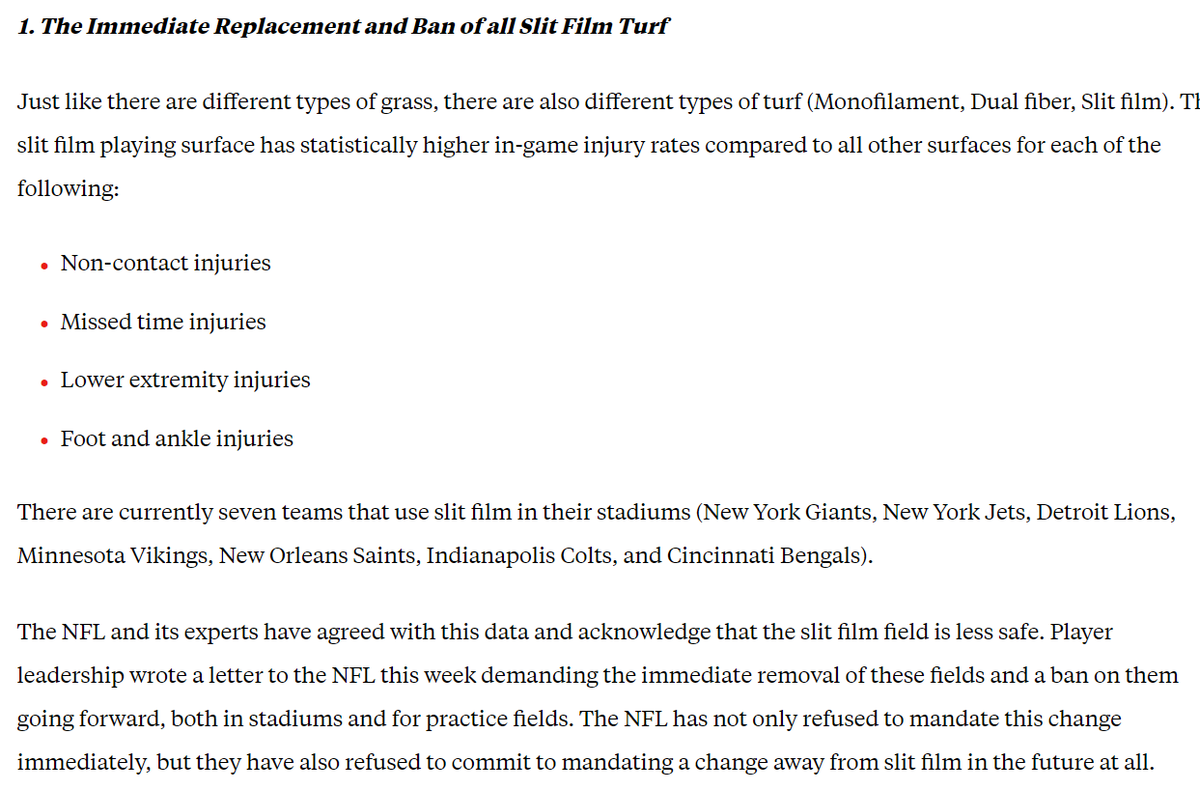 TonyGerdeman's tweet photo. NFLPA calling for ban and immediate replacement of all slit film turfs in the NFL due to injury frequency. This is the same kind of turf used by Ohio State. https://t.co/wNA5QbyEbz https://t.co/Fmb9zfOf8p