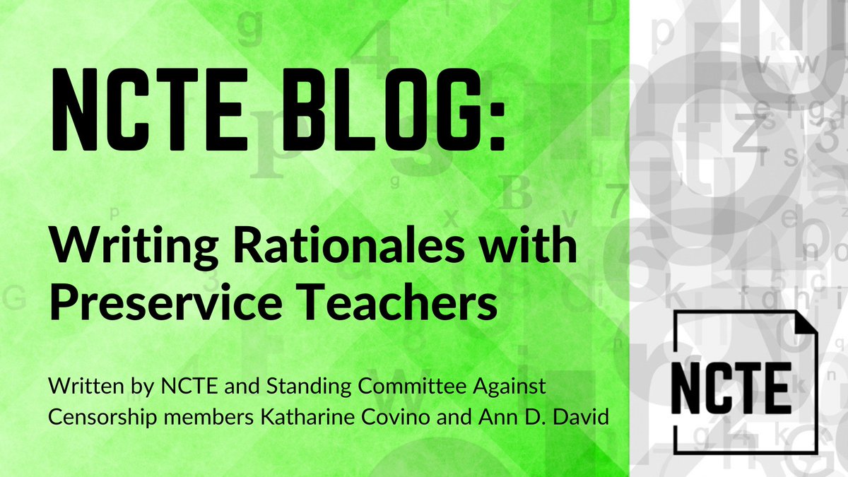 ncte's tweet photo. NCTE & Standing Committee Against Censorship members Katharine Covino & Ann D. David write about guiding novice teachers through writing rationales for #NCTE, which requires "careful mentorship & supportive self-reflection," on the #NCTEblog: https://t.co/2sfgDvCIfv #Censorship https://t.co/ZUzNZrqxE7