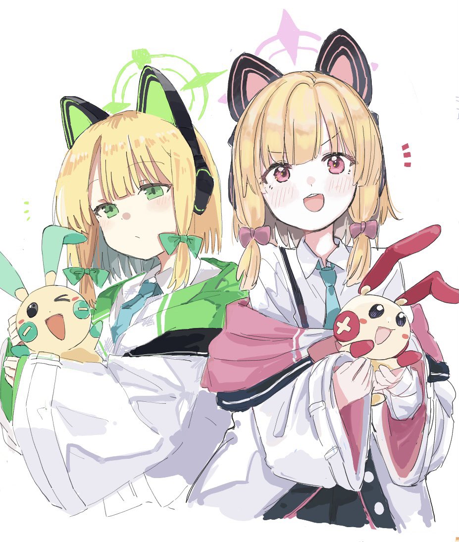 midori (blue archive) ,momoi (blue archive) multiple girls 2girls animal ear headphones blonde hair green eyes halo animal ears  illustration images