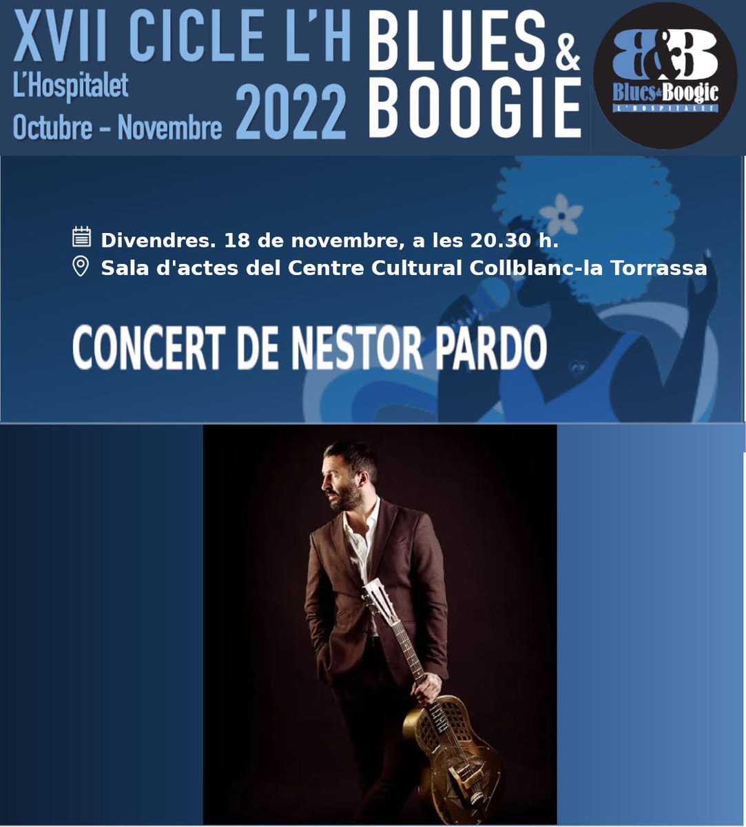 Divendres 18 de novembre, a les 20,30,  concert del músic Nestor Pardo. Sala d'Actes del Centre Cultural Collblanc- Torrassa. XVII Cicle Blues &amp; Boogie L'Hospitalet 2022 padlet.com/elpassadisct/e…