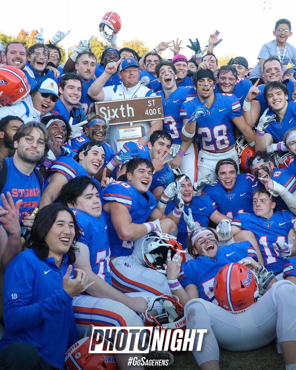 Sagehens's tweet photo. CHAMPS!! #SagehensFB defeats their rival to claim the SCIAC Championship for the first time in Pomona-Pitzer history! #GoSagehens https://t.co/6j25XchyqD
