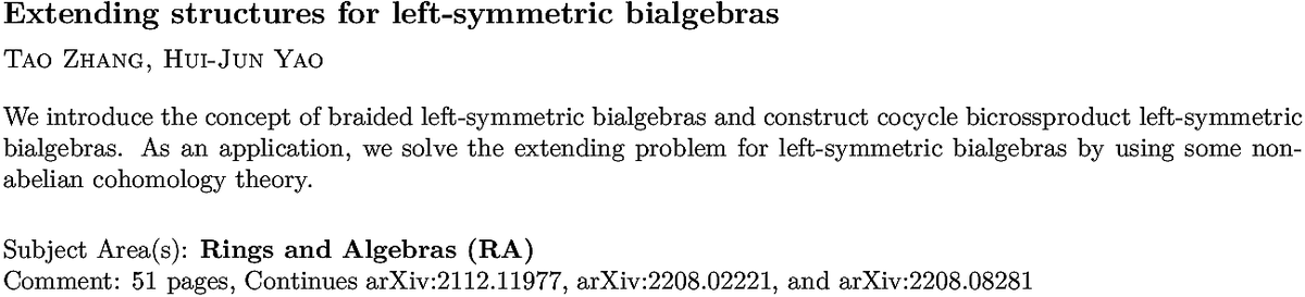 arxiv.org/abs/2211.05202…
T Zhang, H Yao
Extending structures for left-symmetric bialgebras
