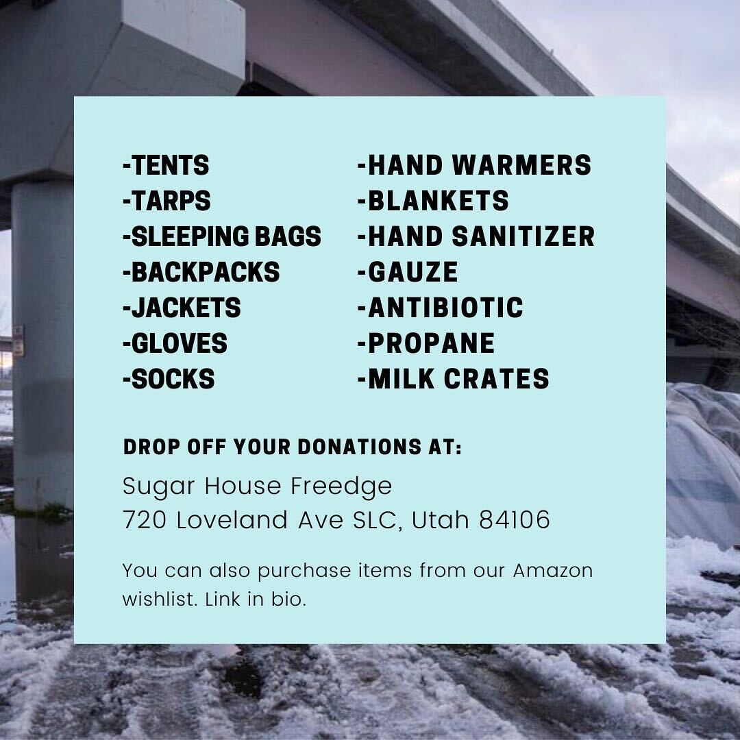 With it getting colder, staying warm is a challenge for our unhoused neighbors. If you're able to donate any of these things, it would help a lot!
Tents
Tarps
Sleeping Bags
Backpacks
Jackets
Gloves
Socks
Hand Warmers
Blankets
Hand Sanitizer
Gauze
Antibiotic
Propane
Milk Crates