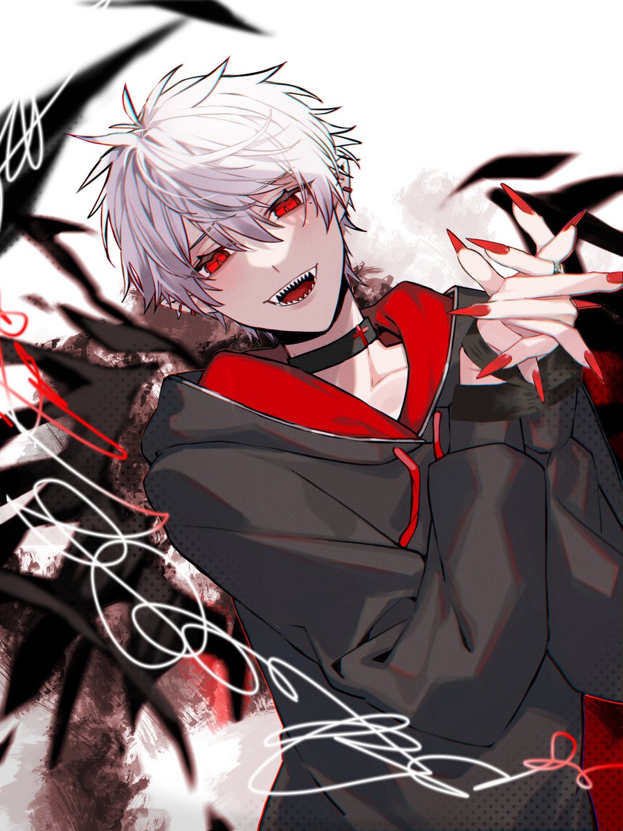 kuzuha (nijisanji) 1boy male focus red eyes red nails pointy ears hood solo  illustration images