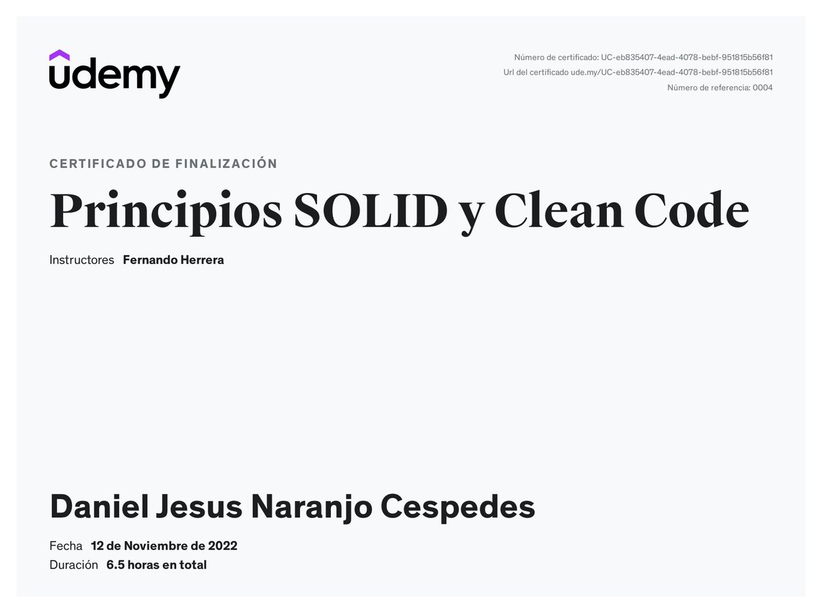 Daniel Jesus Naranjo Cespedes (@danieljnc96) on Twitter photo Me complace anunciar que he finalizado el curso de <a href="/Fernando_Her85/">Fernando Herrera</a> de Principios Solid y Clean Code. Muy instructivo!. Gracias por el tiempo dedicado a mejor la comunidad de programación de habla hispana. Me complace anunciar que he finalizado el curso de <a href="/Fernando_Her85/">Fernando Herrera</a> de Principios Solid y Clean Code. Muy instructivo!. Gracias por el tiempo dedicado a mejor la comunidad de programación de habla hispana.