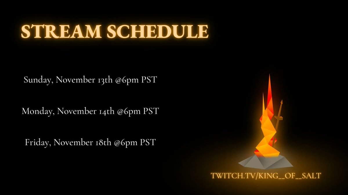 King__of__Salt's tweet photo. Here's my schedule for the upcoming week! Expect more souls, death counts and boss fights!
#videogames #consolegaming #twitchstreamer #twitchaffiliate #darksoulsremastered #souls #caestus #pyromancyflame https://t.co/kSZ3FcvC95