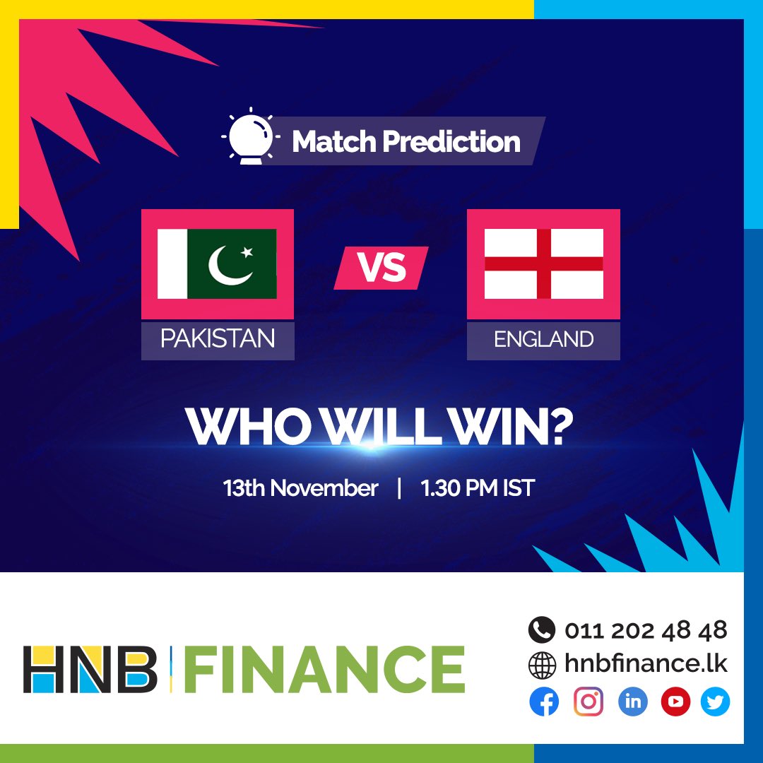 HNBFinance's tweet photo. It's game day!🏏 Who do you think will win?🤩 Who will score the most runs?🤔 Who will get the most wickets?😮 Comment your answers.
 #HNBFINANCE #engvspak  #T20WorldCup https://t.co/zVtRHR7w9e