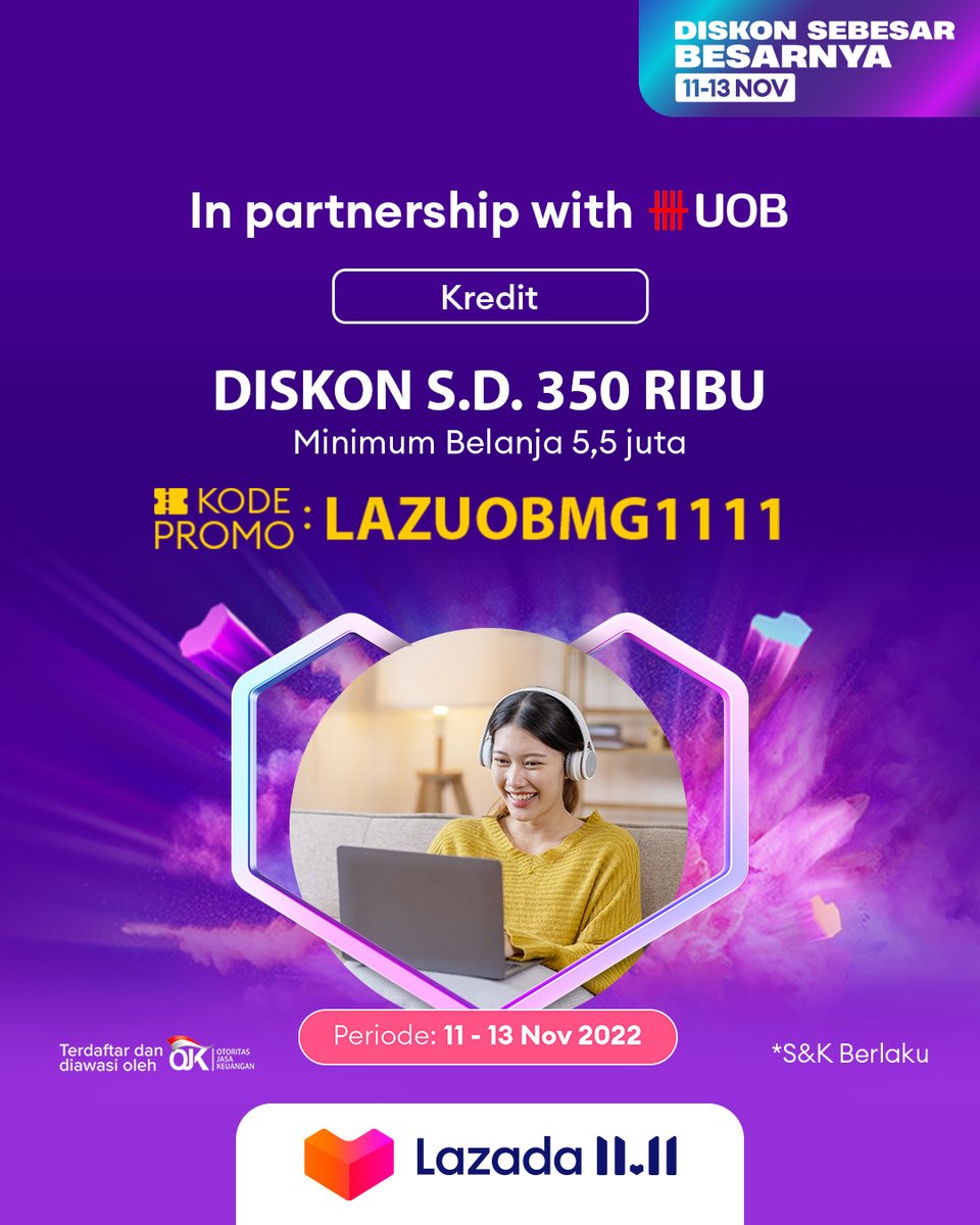 LazadaID's tweet photo. Kalo bisa belanja dengan hemat kenapa mesti galau~ Belanja di Lazada ada Diskon s.d. 350 Ribu. Bayarnya pakai Kartu Kredit UOB ada kode promo: LAZUOBMG1111. Cus, belanja sekarang: https://t.co/KRnMkHtkXr 

#LazadaID1111 #DiskonSebesarBesarnya #TambahKeHidupmu #LazadaID https://t.co/6N56ogBUcJ