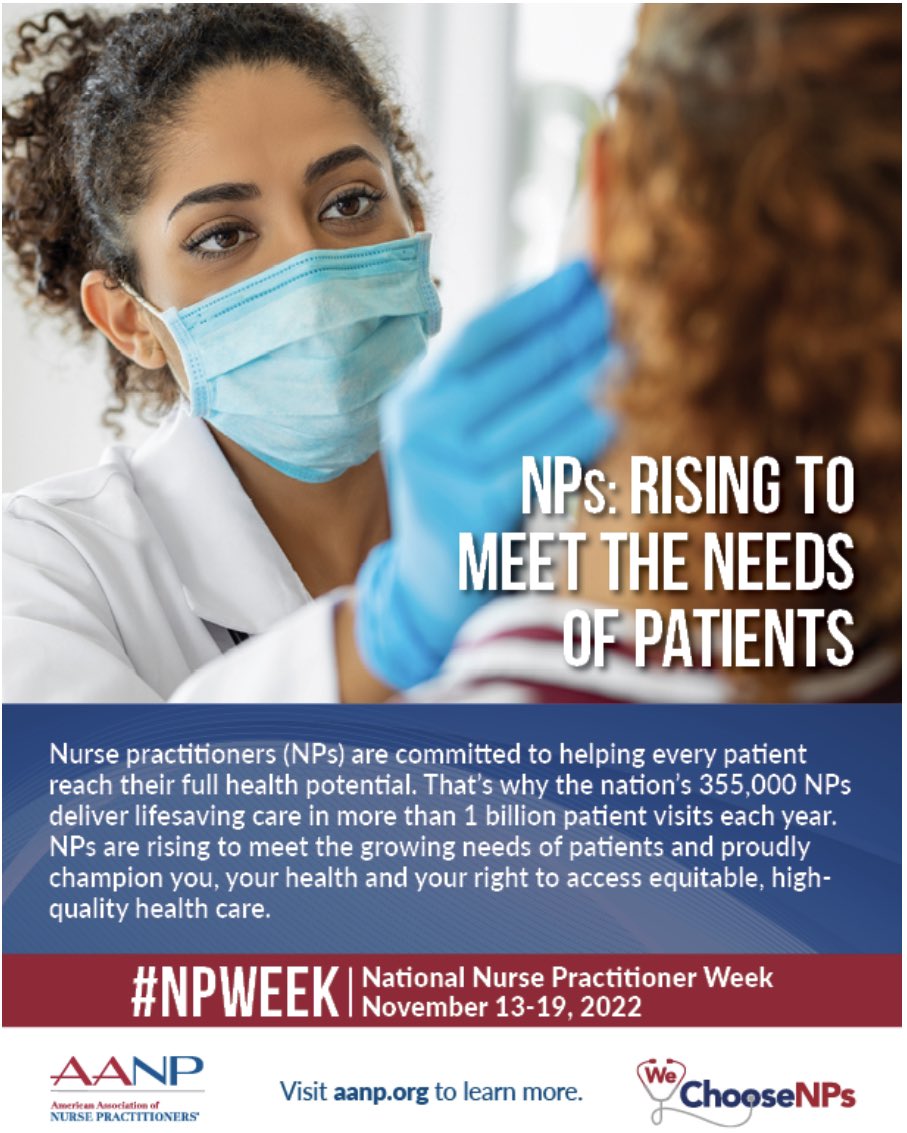 PresidentAANP's tweet photo. Happy #NPWeek 2022!! To the most amazing healthcare professionals! Thank you!! Thank you for all you do to care for individuals and families across the world! ⭐️🩺Providing value driven, accessible, equitable, high-quality care for people everywhere! #NPsLead https://t.co/64iCh1bcMI